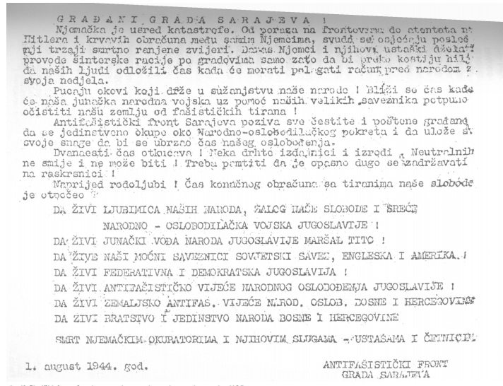Letak kojim je antifašistički front Sarajeva pozivao građane da se okupe oko Narodnooslobodilačkog pokreta