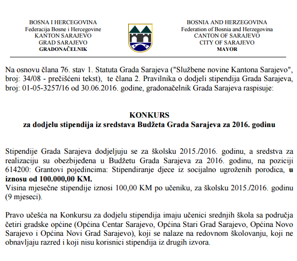 Konkurs: Stipendije iz budžeta Grada Sarajeva za 2016. godinu